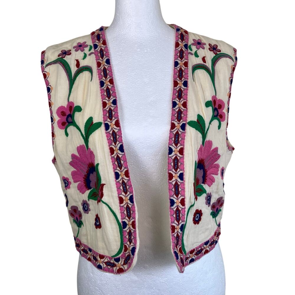 Zara Sz M Floral Embroidered Open Front Vest Cream Multicolor Folk Style - Picture 8 of 16